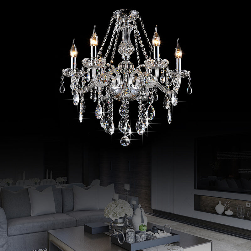 Clear Crystal Candelabra Chandelier Light Modern 6/8 Lights Hanging Ceiling Light for Living Room 6 Clear Clearhalo 'Ceiling Lights' 'Chandeliers' 'Clear' 'Industrial' 'Modern Chandeliers' 'Modern' 'Tiffany' 'Traditional Chandeliers' Lighting' 221381