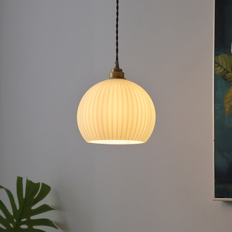 Globe Ribbed Glass Pendant Lighting Antique 1-Light Restaurant Hanging Light Fixture White Clearhalo 'Ceiling Lights' 'Glass shade' 'Glass' 'Industrial Pendants' 'Industrial' 'Middle Century Pendants' 'Pendant Lights' 'Pendants' 'Tiffany' Lighting' 2216337