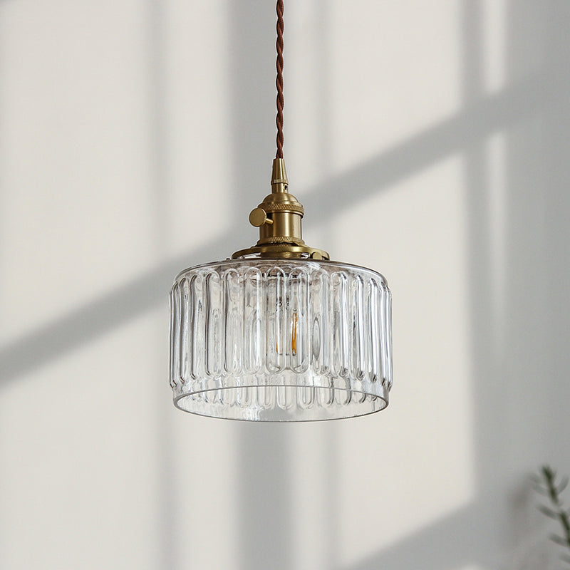 Industrial Drum Ceiling Light Single Glass Hanging Pendant Light in Gold for Restaurant Clearhalo 'Ceiling Lights' 'Glass shade' 'Glass' 'Industrial Pendants' 'Industrial' 'Middle Century Pendants' 'Pendant Lights' 'Pendants' 'Tiffany' Lighting' 2216363