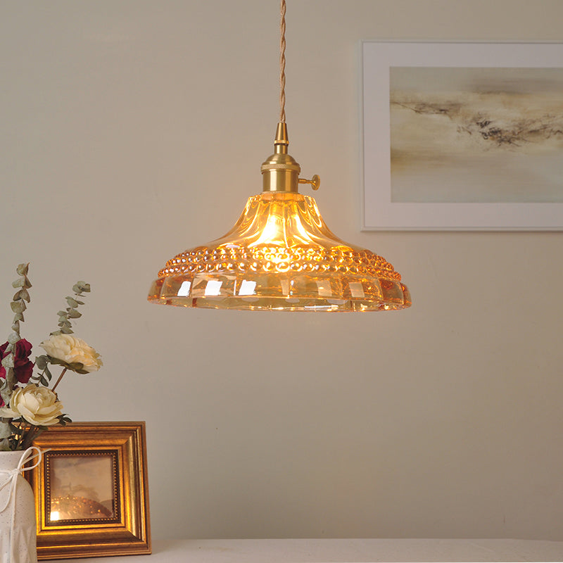 Amber Glass Pot Lid Hanging Light Simplicity 1��Bulb Restaurant Pendant Light Fixture Clearhalo 'Ceiling Lights' 'Glass shade' 'Glass' 'Industrial Pendants' 'Industrial' 'Middle Century Pendants' 'Pendant Lights' 'Pendants' 'Tiffany' Lighting' 2216457