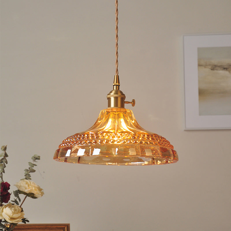 Amber Glass Pot Lid Hanging Light Simplicity 1��Bulb Restaurant Pendant Light Fixture Clearhalo 'Ceiling Lights' 'Glass shade' 'Glass' 'Industrial Pendants' 'Industrial' 'Middle Century Pendants' 'Pendant Lights' 'Pendants' 'Tiffany' Lighting' 2216459