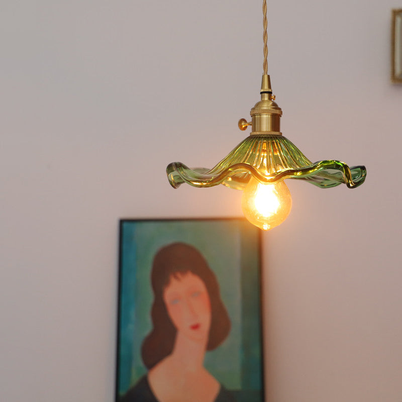 Lotus Leaf Green Glass Suspension Lighting Vintage 1-Light Corridor Pendant Ceiling Light Green Clearhalo 'Ceiling Lights' 'Glass shade' 'Glass' 'Industrial Pendants' 'Industrial' 'Middle Century Pendants' 'Pendant Lights' 'Pendants' 'Tiffany' Lighting' 2216608