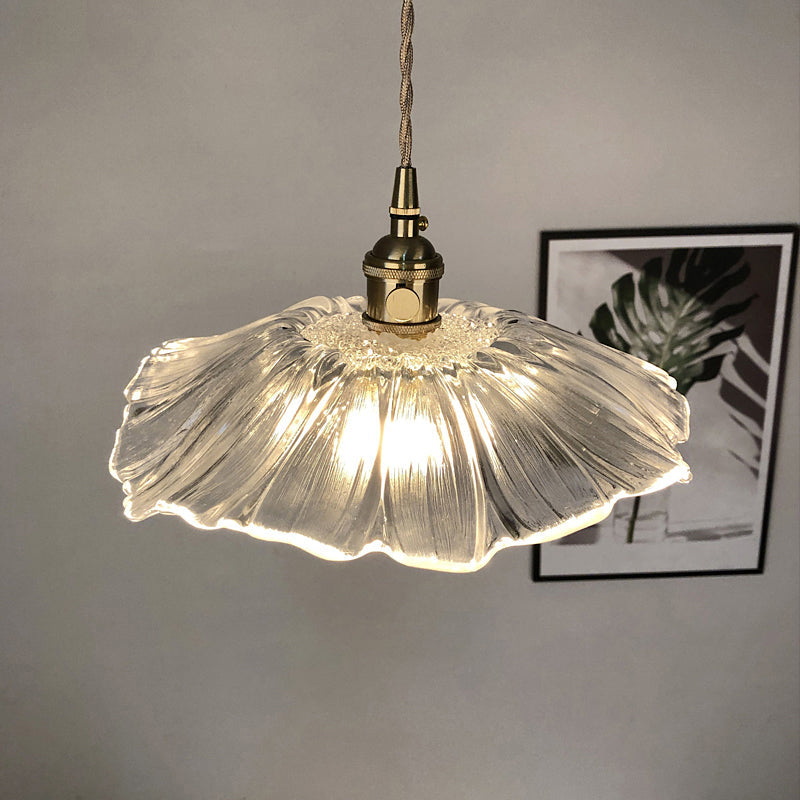 Vintage Floral Hanging Lamp Single-Bulb Ribbed Glass Lighting Pendant for Restaurant Clear Clearhalo 'Ceiling Lights' 'Close To Ceiling Lights' 'Glass shade' 'Glass' 'Industrial Pendants' 'Industrial' 'Middle Century Pendants' 'Pendant Lights' 'Pendants' 'Tiffany' Lighting' 2216618