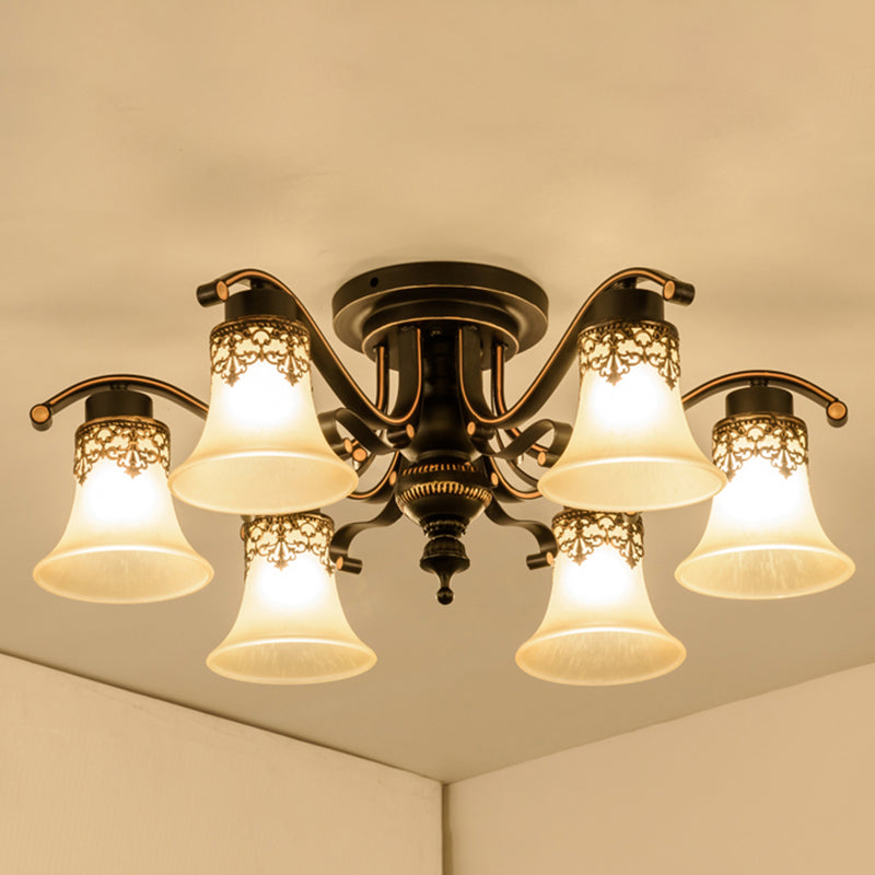 Handblown Glass Black Semi Flush Flared Shade Traditional Ceiling Mount Chandelier 6 Black Clearhalo 'Ceiling Lights' 'Close To Ceiling Lights' 'Close to ceiling' 'Glass shade' 'Glass' 'Semi-flushmount' Lighting' 2216825