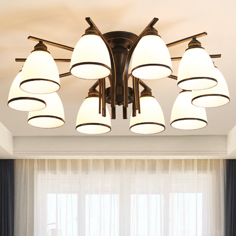 Retro Bell Flush Mount Light Frosted Glass Semi Flush Chandelier in Black for Living Room Clearhalo 'Ceiling Lights' 'Close To Ceiling Lights' 'Close to ceiling' 'Glass shade' 'Glass' 'Semi-flushmount' Lighting' 2216840