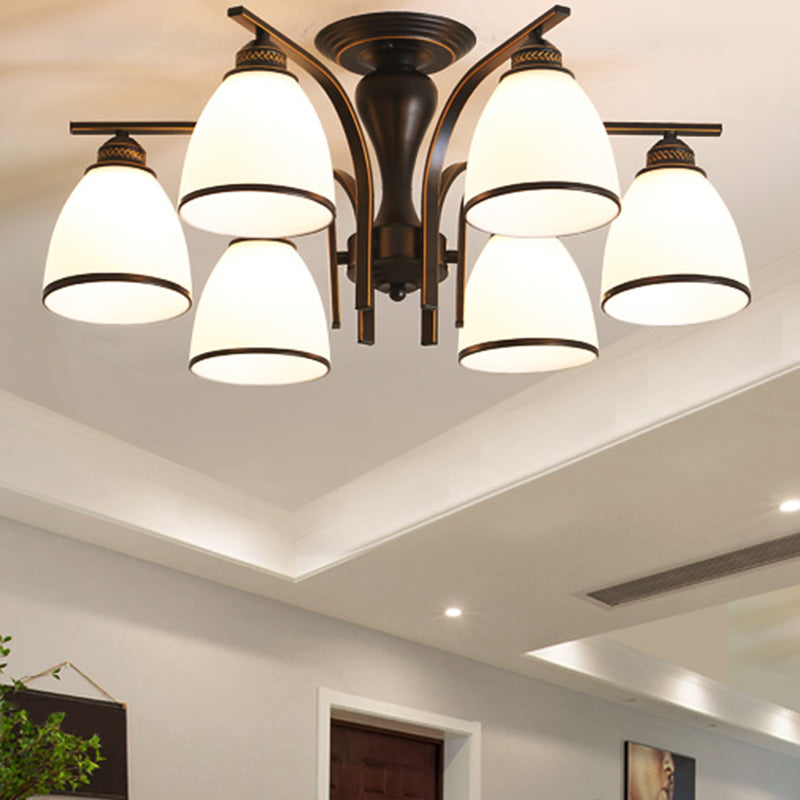 Retro Bell Flush Mount Light Frosted Glass Semi Flush Chandelier in Black for Living Room Clearhalo 'Ceiling Lights' 'Close To Ceiling Lights' 'Close to ceiling' 'Glass shade' 'Glass' 'Semi-flushmount' Lighting' 2216842