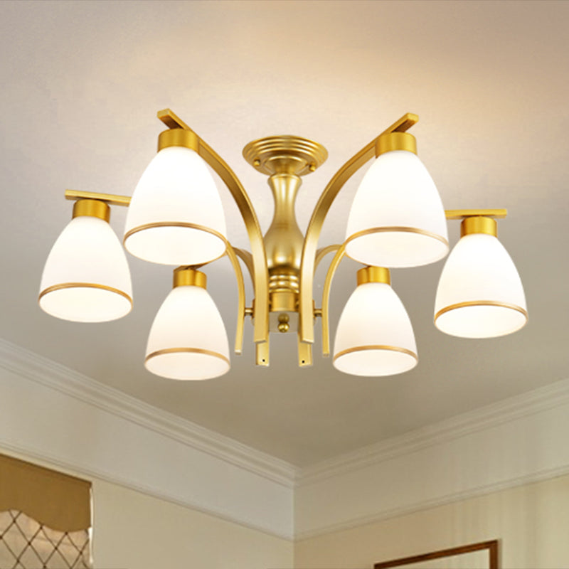 Shaded Cream Glass Semi Flush Light Rustic Living Room Flush Mount Ceiling Chandelier 6 Gold B Clearhalo 'Ceiling Lights' 'Close To Ceiling Lights' 'Close to ceiling' 'Semi-flushmount' Lighting' 2216849