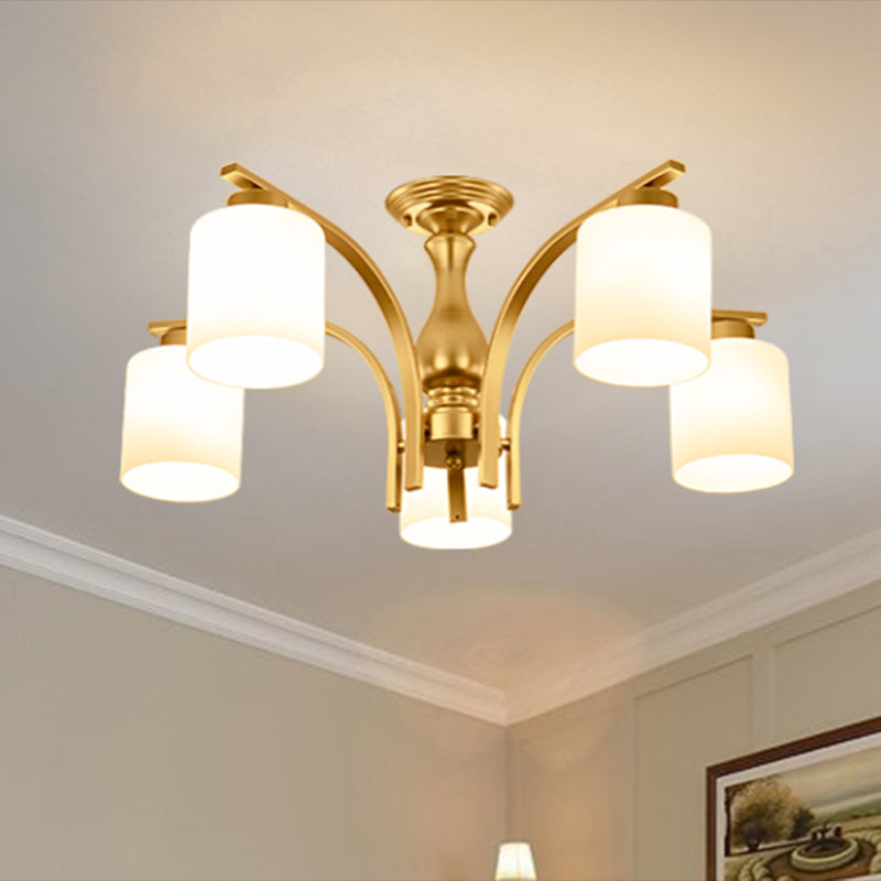 Shaded Cream Glass Semi Flush Light Rustic Living Room Flush Mount Ceiling Chandelier 5 Gold A Clearhalo 'Ceiling Lights' 'Close To Ceiling Lights' 'Close to ceiling' 'Semi-flushmount' Lighting' 2216853