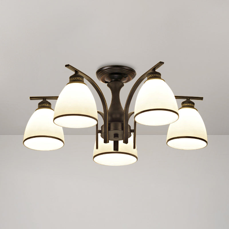 Shaded Cream Glass Semi Flush Light Rustic Living Room Flush Mount Ceiling Chandelier 5 Black B Clearhalo 'Ceiling Lights' 'Close To Ceiling Lights' 'Close to ceiling' 'Semi-flushmount' Lighting' 2216869