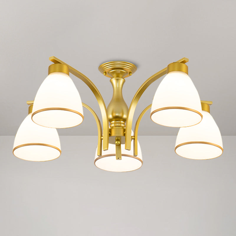 Shaded Cream Glass Semi Flush Light Rustic Living Room Flush Mount Ceiling Chandelier 5 Gold B Clearhalo 'Ceiling Lights' 'Close To Ceiling Lights' 'Close to ceiling' 'Semi-flushmount' Lighting' 2216870