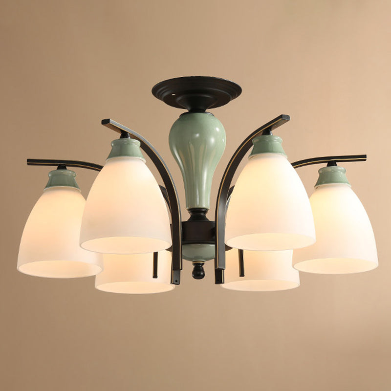 Opal Glass Bell Flush Mount Chandelier Classic Living Room Semi Flush Light Fixture in Light Green 6 Light Green Clearhalo 'Ceiling Lights' 'Close To Ceiling Lights' 'Close to ceiling' 'Glass shade' 'Glass' 'Semi-flushmount' Lighting' 2216877