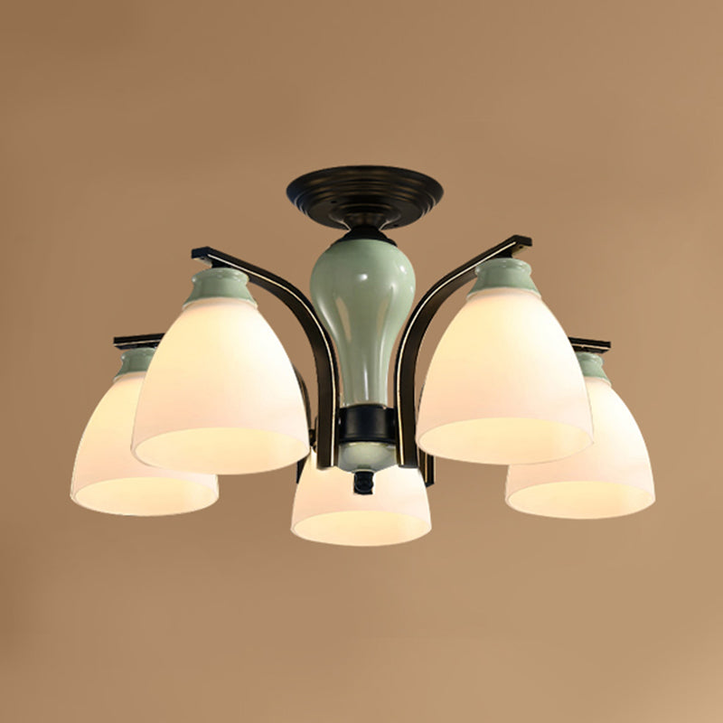 Opal Glass Bell Flush Mount Chandelier Classic Living Room Semi Flush Light Fixture in Light Green 5 Light Green Clearhalo 'Ceiling Lights' 'Close To Ceiling Lights' 'Close to ceiling' 'Glass shade' 'Glass' 'Semi-flushmount' Lighting' 2216879