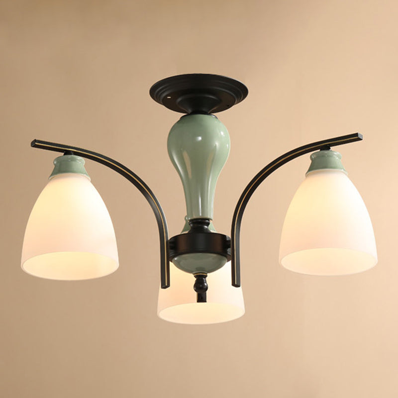 Opal Glass Bell Flush Mount Chandelier Classic Living Room Semi Flush Light Fixture in Light Green 3 Light Green Clearhalo 'Ceiling Lights' 'Close To Ceiling Lights' 'Close to ceiling' 'Glass shade' 'Glass' 'Semi-flushmount' Lighting' 2216881