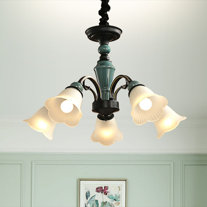 Green Flower Shade Flush Mount Light Retro Ribbed Glass Living Room Semi Flush Chandelier 5 Green Clearhalo 'Ceiling Lights' 'Close To Ceiling Lights' 'Close to ceiling' 'Glass shade' 'Glass' 'Semi-flushmount' Lighting' 2216903