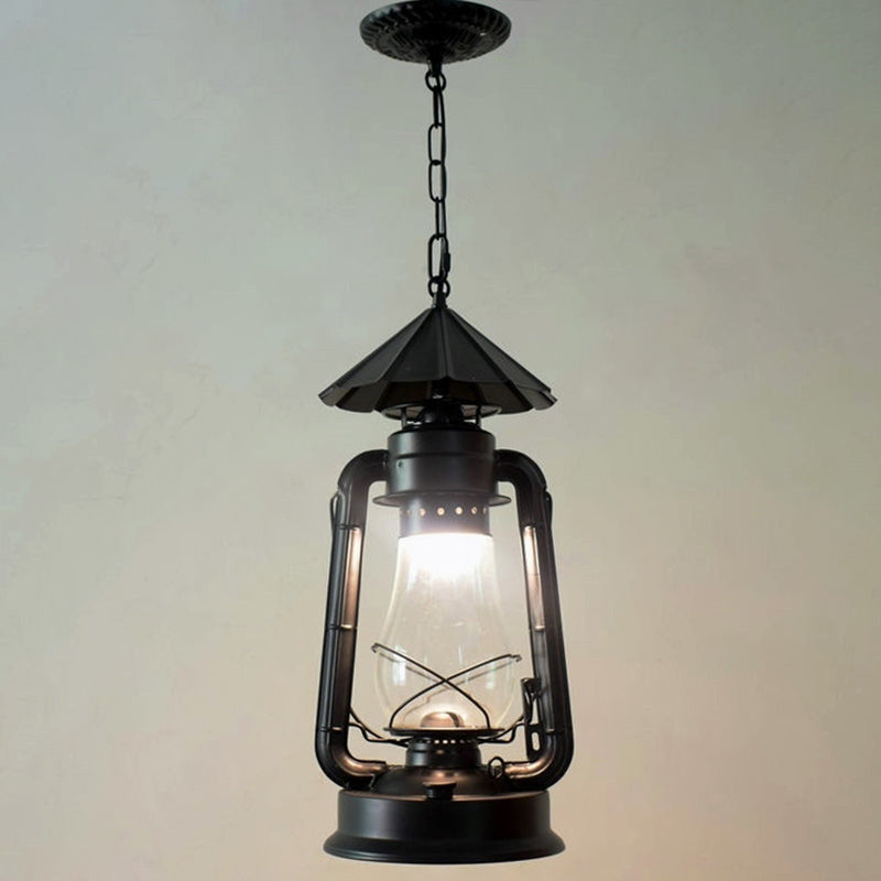 1 Bulb Hanging Light Simplicity Lantern Metallic Kerosene Lighting for Restaurant Black 8.5