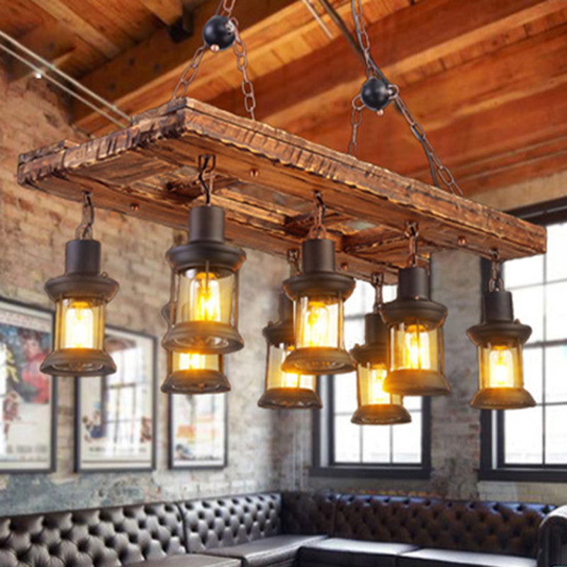 Retro Style Lantern Ceiling Lighting Iron Chandelier Light Fixture in Wood for Restaurant 8 Wood Clearhalo 'Carpenter Chandeliers' 'Ceiling Lights' 'Chandeliers' 'Industrial Chandeliers' 'Industrial' 'Middle Century Chandeliers' 'Modern' 'Tiffany' Lighting' 2217192