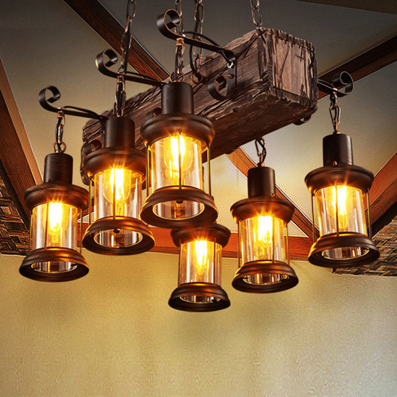 Retro Style Lantern Ceiling Lighting Iron Chandelier Light Fixture in Wood for Restaurant 6 Wood Clearhalo 'Carpenter Chandeliers' 'Ceiling Lights' 'Chandeliers' 'Industrial Chandeliers' 'Industrial' 'Middle Century Chandeliers' 'Modern' 'Tiffany' Lighting' 2217193