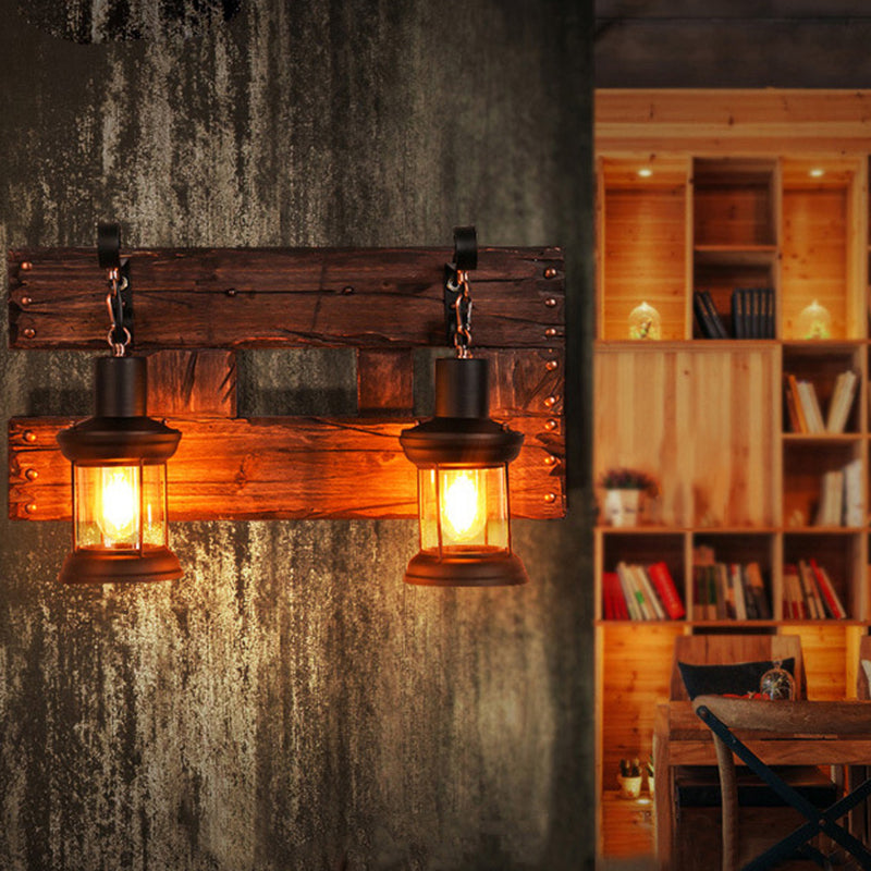 Retro Style Lantern Ceiling Lighting Iron Chandelier Light Fixture in Wood for Restaurant 2 Wood Clearhalo 'Carpenter Chandeliers' 'Ceiling Lights' 'Chandeliers' 'Industrial Chandeliers' 'Industrial' 'Middle Century Chandeliers' 'Modern' 'Tiffany' Lighting' 2217194