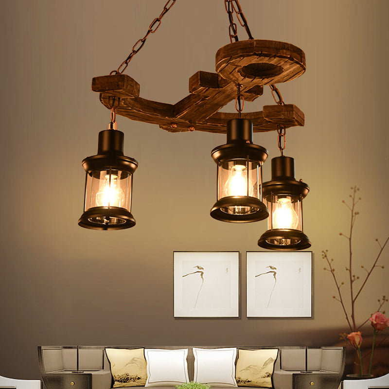 Iron Lantern Chandelier Light Antique Restaurant Commercial Pendant Lighting in Wood Wood J Clearhalo 'Carpenter Chandeliers' 'Ceiling Lights' 'Chandeliers' 'Industrial Chandeliers' 'Industrial' 'Middle Century Chandeliers' 'Modern' 'Tiffany' Lighting' 2217215