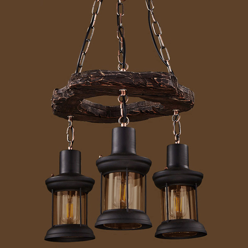 Distressed Wood Lantern Suspension Light Retro Style Clear Glass Restaurant Chandelier Light Clearhalo 'Carpenter Chandeliers' 'Ceiling Lights' 'Chandeliers' 'Industrial Chandeliers' 'Industrial' 'Middle Century Chandeliers' 'Modern' 'Tiffany' Lighting' 2217221