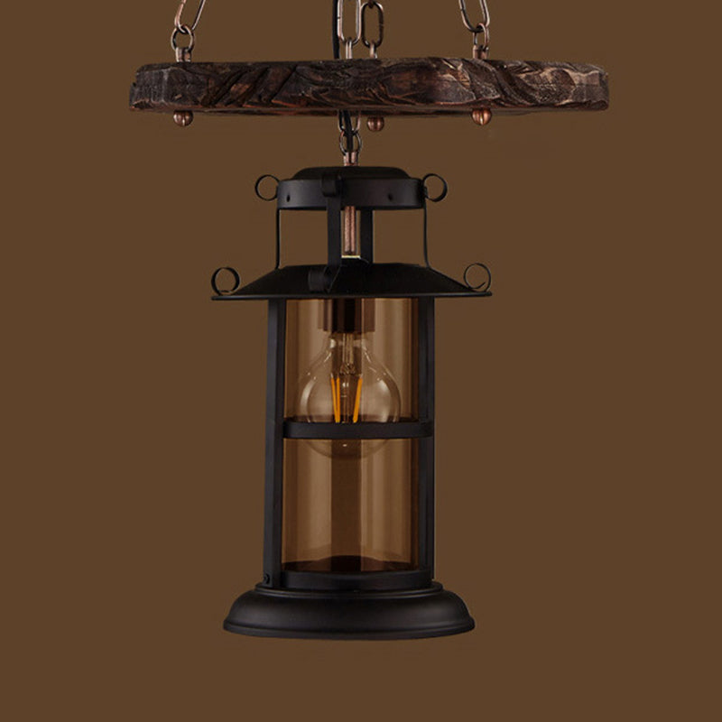 Distressed Wood Lantern Suspension Light Retro Style Clear Glass Restaurant Chandelier Light 1 Distressed Wood Clearhalo 'Carpenter Chandeliers' 'Ceiling Lights' 'Chandeliers' 'Industrial Chandeliers' 'Industrial' 'Middle Century Chandeliers' 'Modern' 'Tiffany' Lighting' 2217222