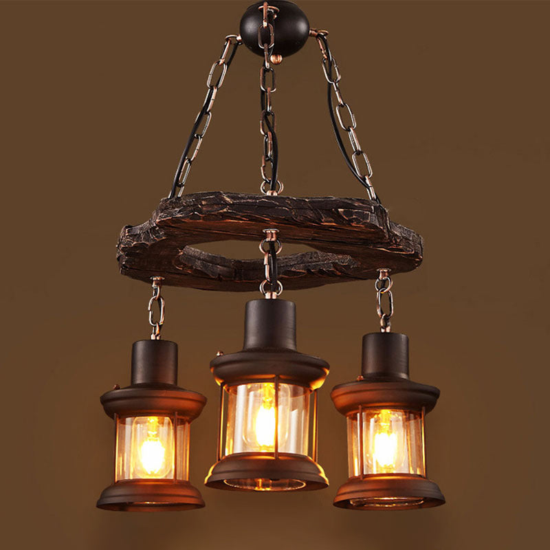 Distressed Wood Lantern Suspension Light Retro Style Clear Glass Restaurant Chandelier Light Clearhalo 'Carpenter Chandeliers' 'Ceiling Lights' 'Chandeliers' 'Industrial Chandeliers' 'Industrial' 'Middle Century Chandeliers' 'Modern' 'Tiffany' Lighting' 2217223