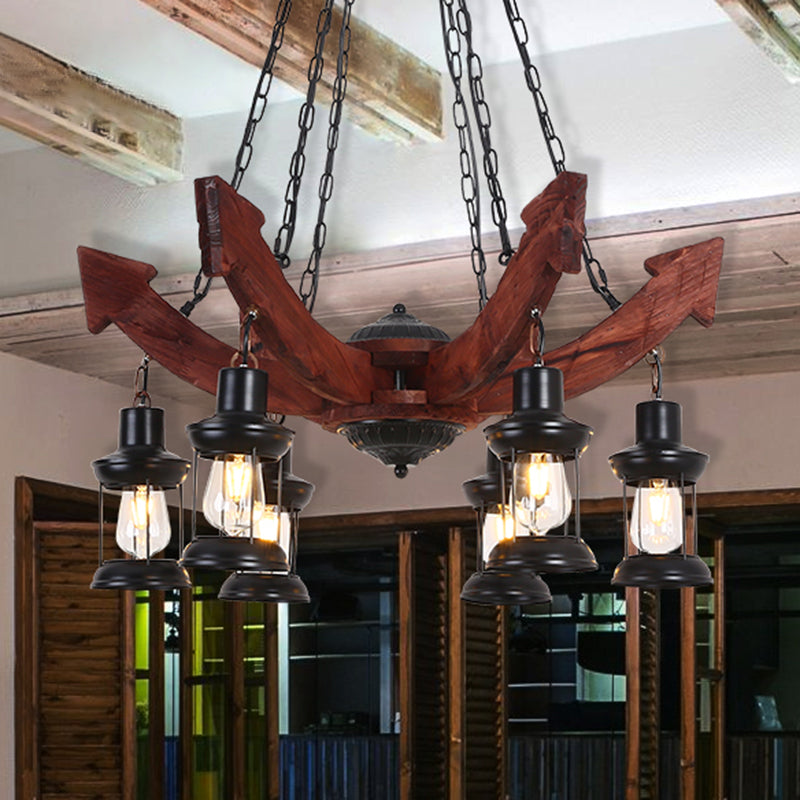 Lantern Iron Ceiling Lighting Nautical Restaurant Chandelier Light Fixture in Wood Clearhalo 'Carpenter Chandeliers' 'Ceiling Lights' 'Chandeliers' 'Industrial Chandeliers' 'Industrial' 'Middle Century Chandeliers' 'Modern' 'Tiffany' Lighting' 2217235