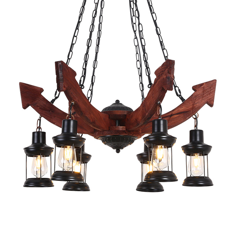 Lantern Iron Ceiling Lighting Nautical Restaurant Chandelier Light Fixture in Wood Clearhalo 'Carpenter Chandeliers' 'Ceiling Lights' 'Chandeliers' 'Industrial Chandeliers' 'Industrial' 'Middle Century Chandeliers' 'Modern' 'Tiffany' Lighting' 2217240