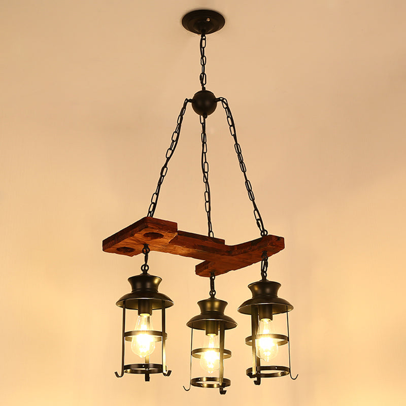 Lantern Iron Ceiling Lighting Nautical Restaurant Chandelier Light Fixture in Wood 3 Wood Clearhalo 'Carpenter Chandeliers' 'Ceiling Lights' 'Chandeliers' 'Industrial Chandeliers' 'Industrial' 'Middle Century Chandeliers' 'Modern' 'Tiffany' Lighting' 2217243