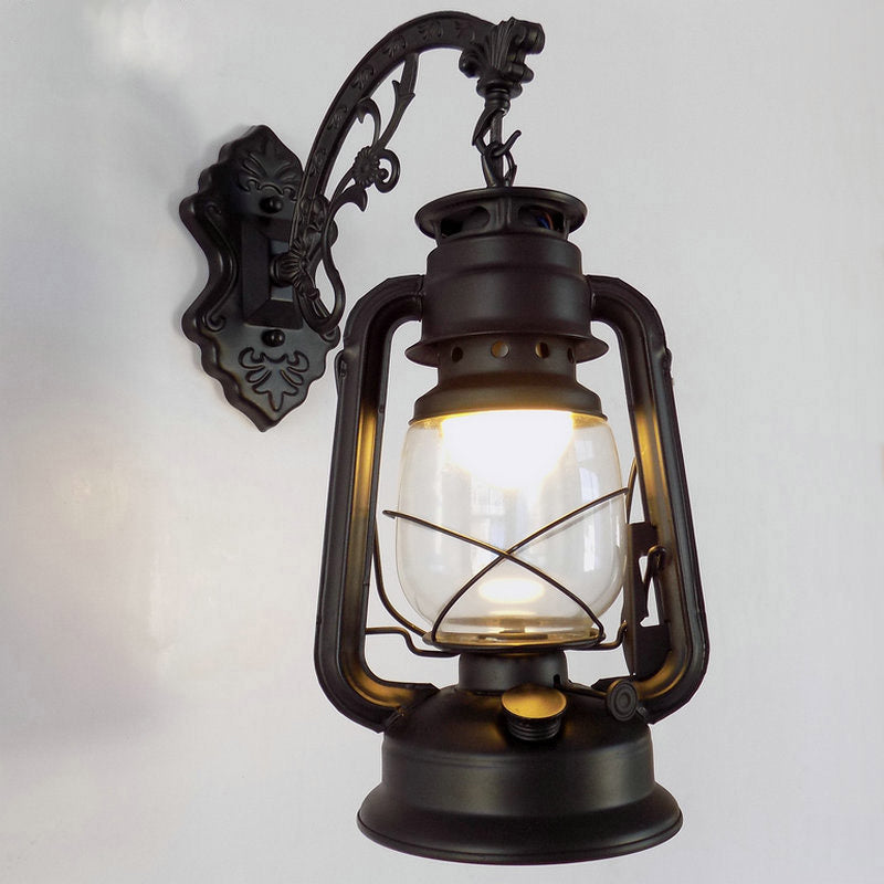 Lantern Shaped Iron Wall Light Retro Style 1-Light Corridor Kerosene Lighting Fixture Black B Clearhalo 'Art deco wall lights' 'Cast Iron' 'Glass' 'Industrial wall lights' 'Industrial' 'Middle century wall lights' 'Modern' 'Rustic wall lights' 'Tiffany' 'Traditional wall lights' 'Wall Lamps & Sconces' 'Wall Lights' Lighting' 2217247