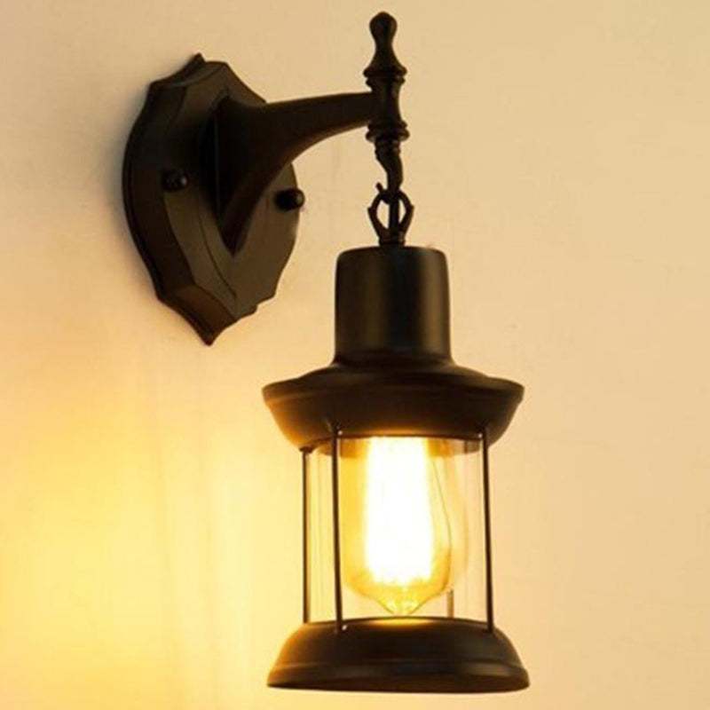 Lantern Shaped Iron Wall Light Retro Style 1-Light Corridor Kerosene Lighting Fixture Black C Clearhalo 'Art deco wall lights' 'Cast Iron' 'Glass' 'Industrial wall lights' 'Industrial' 'Middle century wall lights' 'Modern' 'Rustic wall lights' 'Tiffany' 'Traditional wall lights' 'Wall Lamps & Sconces' 'Wall Lights' Lighting' 2217252