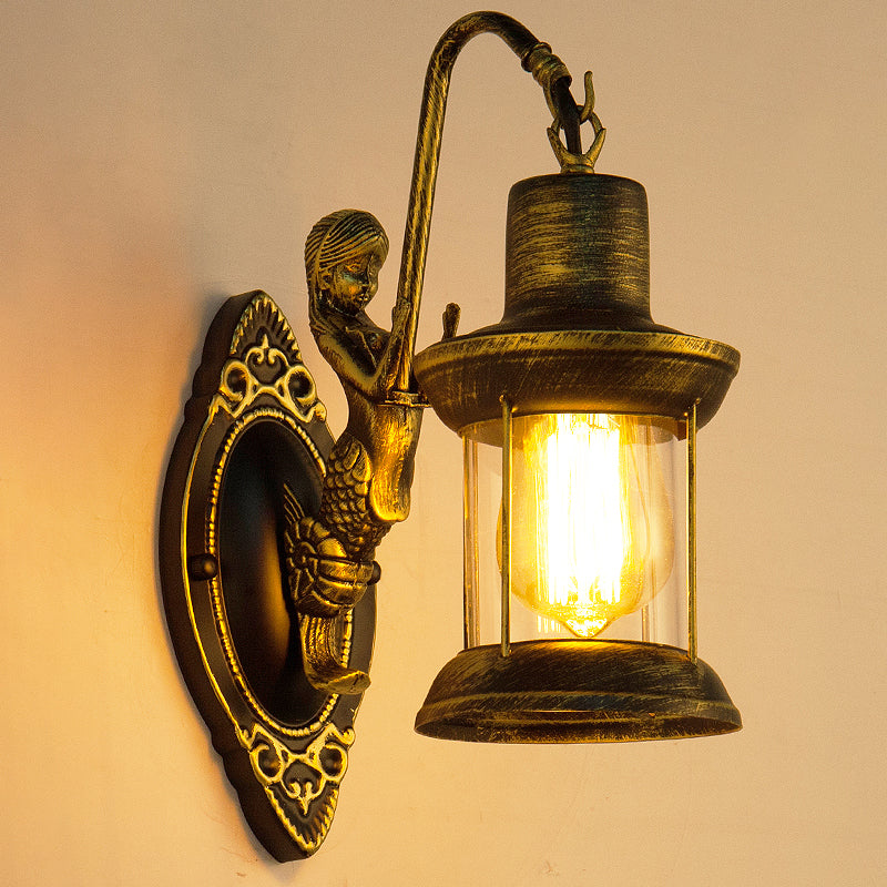 Vintage Shaded Wall Light Fixture 1 Bulb Iron Kerosene Lantern in Bronze for Corridor Bronze D Clearhalo 'Art deco wall lights' 'Cast Iron' 'Glass' 'Industrial wall lights' 'Industrial' 'Middle century wall lights' 'Modern' 'Rustic wall lights' 'Tiffany' 'Traditional wall lights' 'Wall Lamps & Sconces' 'Wall Lights' Lighting' 2217279