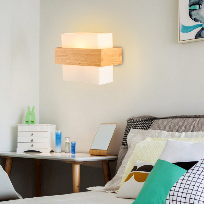 White Glass Rectangle Sconce Lighting Modern Single-Bulb Wall Light Fixture with Wooden Decor Clearhalo 'Modern wall lights' 'Modern' 'Wall Lamps & Sconces' 'Wall Lights' Lighting' 2218140