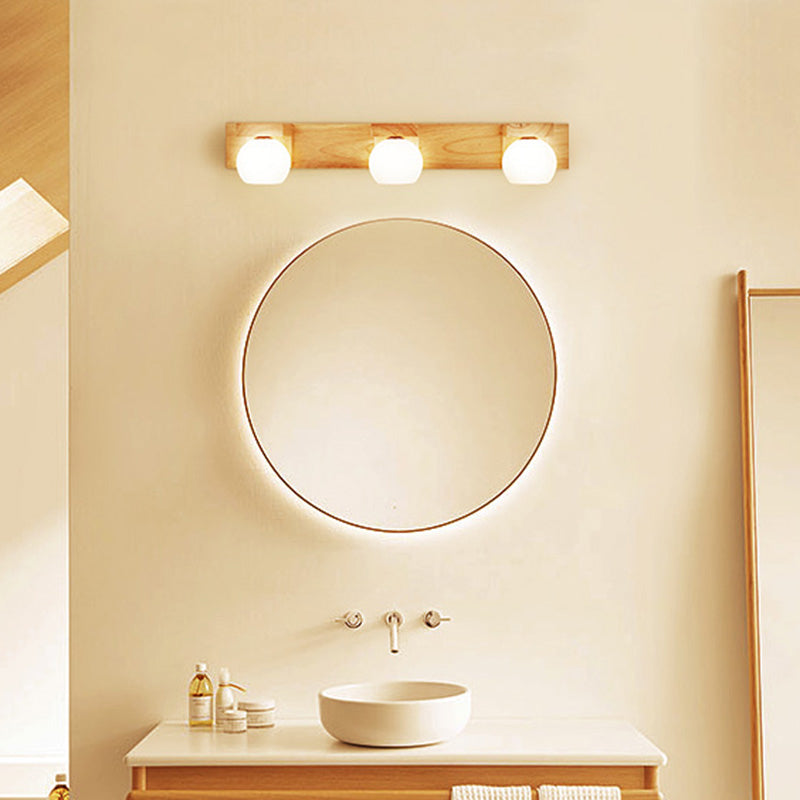 Simplicity Globe Wall Sconce Light White Glass Bathroom LED Vanity Lighting with Wooden Backplate Clearhalo 'Modern wall lights' 'Modern' 'Wall Lamps & Sconces' 'Wall Lights' Lighting' 2218178