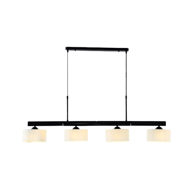 Traditional Drum Island Pendant 4 Lights White Glass Hanging Light Kit in Black for Dining Room Clearhalo 'Ceiling Lights' 'Glass shade' 'Glass' 'Island Lights' Lighting' 222240