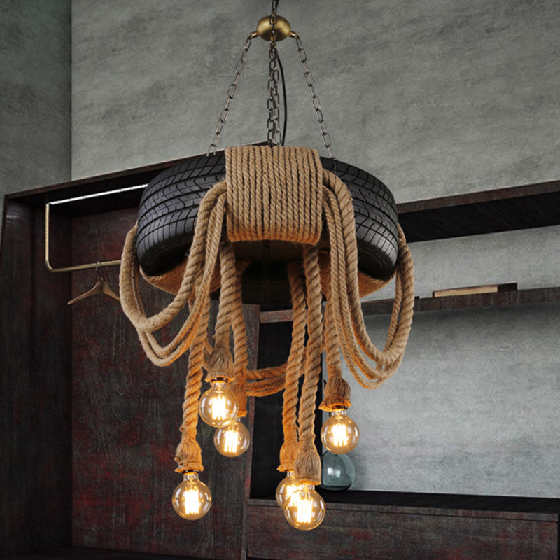 Antique Tyre Ceiling Lighting 6 Heads Hemp Rope Chandelier Light Fixture in Black Black Clearhalo 'Ceiling Lights' 'Chandeliers' 'Industrial Chandeliers' 'Industrial' 'Middle Century Chandeliers' 'Tiffany' Lighting' 2227520