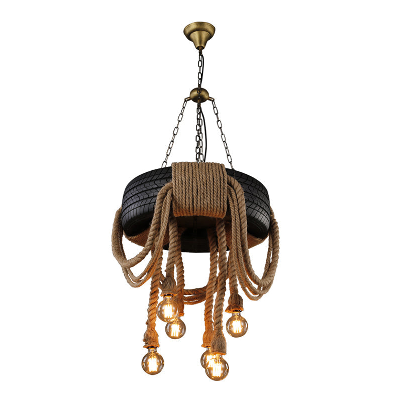 Antique Tyre Ceiling Lighting 6 Heads Hemp Rope Chandelier Light Fixture in Black Clearhalo 'Ceiling Lights' 'Chandeliers' 'Industrial Chandeliers' 'Industrial' 'Middle Century Chandeliers' 'Tiffany' Lighting' 2227524