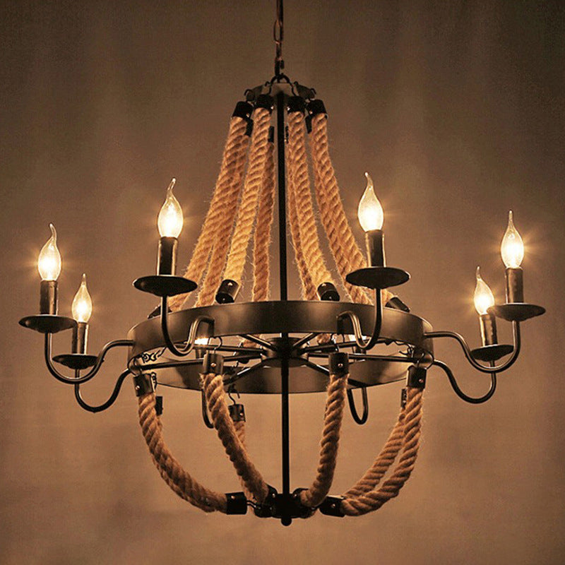 Flaxen Candlestick Chandelier Lighting Rustic Iron Living Room Pendant Light with Hemp Rope Clearhalo 'Ceiling Lights' 'Chandeliers' 'Industrial Chandeliers' 'Industrial' 'Middle Century Chandeliers' 'Tiffany' Lighting' 2227538