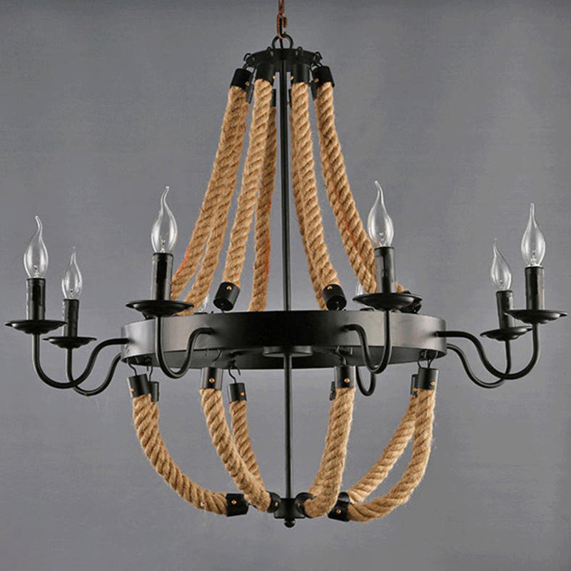 Flaxen Candlestick Chandelier Lighting Rustic Iron Living Room Pendant Light with Hemp Rope Clearhalo 'Ceiling Lights' 'Chandeliers' 'Industrial Chandeliers' 'Industrial' 'Middle Century Chandeliers' 'Tiffany' Lighting' 2227541