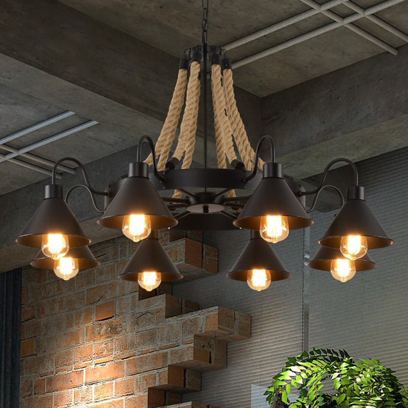 Circle Iron Ceiling Lighting Industrial Restaurant Chandelier Light Fixture with Hemp Rope in Black Clearhalo 'Cast Iron' 'Ceiling Lights' 'Chandeliers' 'Industrial Chandeliers' 'Industrial' 'Metal' 'Middle Century Chandeliers' 'Rustic Chandeliers' 'Tiffany' Lighting' 2227549