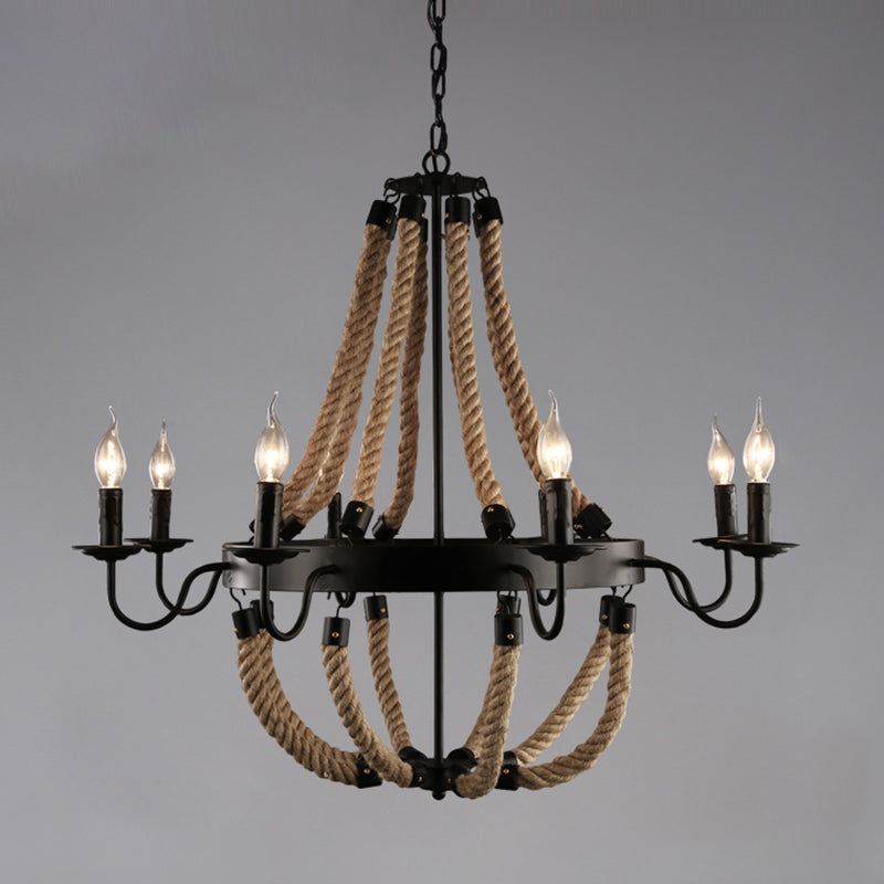 Circle Iron Ceiling Lighting Industrial Restaurant Chandelier Light Fixture with Hemp Rope in Black 8 Black B Clearhalo 'Cast Iron' 'Ceiling Lights' 'Chandeliers' 'Industrial Chandeliers' 'Industrial' 'Metal' 'Middle Century Chandeliers' 'Rustic Chandeliers' 'Tiffany' Lighting' 2227550