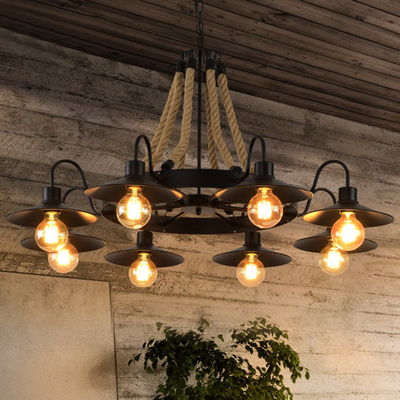 Circle Iron Ceiling Lighting Industrial Restaurant Chandelier Light Fixture with Hemp Rope in Black Clearhalo 'Cast Iron' 'Ceiling Lights' 'Chandeliers' 'Industrial Chandeliers' 'Industrial' 'Metal' 'Middle Century Chandeliers' 'Rustic Chandeliers' 'Tiffany' Lighting' 2227552