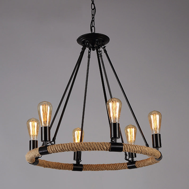 Circle Iron Ceiling Lighting Industrial Restaurant Chandelier Light Fixture with Hemp Rope in Black 6 Black A Clearhalo 'Cast Iron' 'Ceiling Lights' 'Chandeliers' 'Industrial Chandeliers' 'Industrial' 'Metal' 'Middle Century Chandeliers' 'Rustic Chandeliers' 'Tiffany' Lighting' 2227555