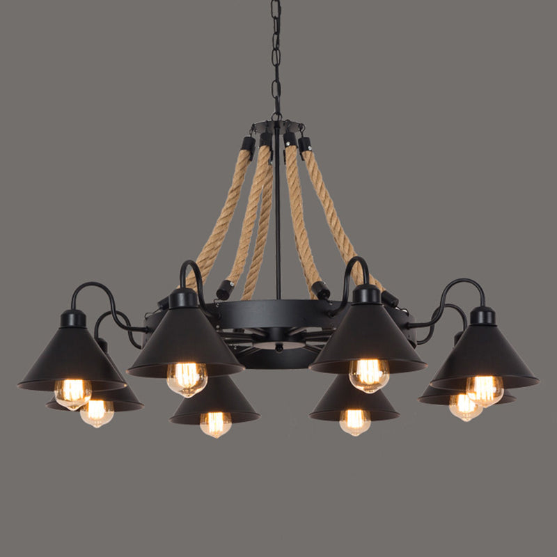 Circle Iron Ceiling Lighting Industrial Restaurant Chandelier Light Fixture with Hemp Rope in Black 8 Black C Clearhalo 'Cast Iron' 'Ceiling Lights' 'Chandeliers' 'Industrial Chandeliers' 'Industrial' 'Metal' 'Middle Century Chandeliers' 'Rustic Chandeliers' 'Tiffany' Lighting' 2227556