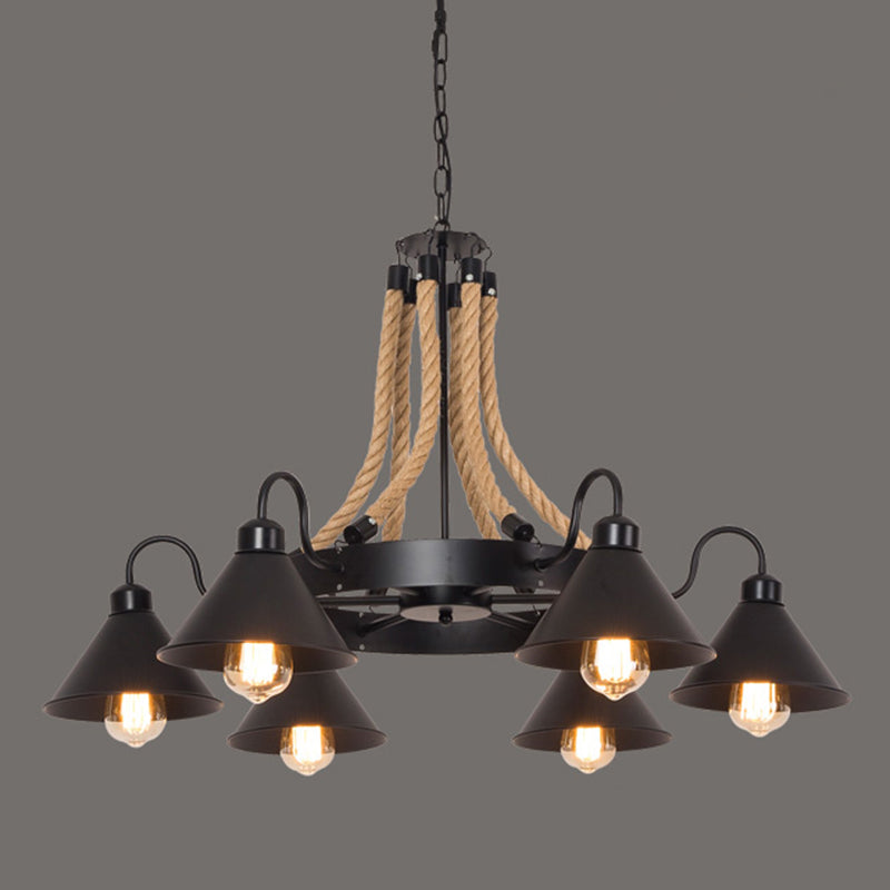 Circle Iron Ceiling Lighting Industrial Restaurant Chandelier Light Fixture with Hemp Rope in Black 6 Black C Clearhalo 'Cast Iron' 'Ceiling Lights' 'Chandeliers' 'Industrial Chandeliers' 'Industrial' 'Metal' 'Middle Century Chandeliers' 'Rustic Chandeliers' 'Tiffany' Lighting' 2227557