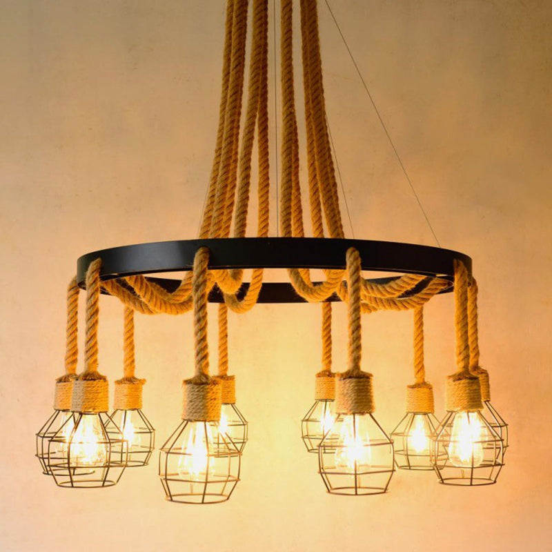 Grenade Metallic Ceiling Lighting Retro Style Restaurant Chandelier Light Fixture with Hemp Rope in Black 10 Black Clearhalo 'Cast Iron' 'Ceiling Lights' 'Chandeliers' 'Industrial Chandeliers' 'Industrial' 'Metal' 'Middle Century Chandeliers' 'Rustic Chandeliers' 'Tiffany' Lighting' 2227590