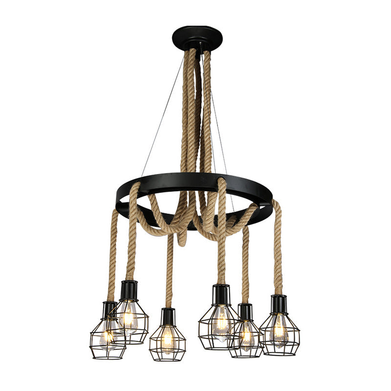 Grenade Metallic Ceiling Lighting Retro Style Restaurant Chandelier Light Fixture with Hemp Rope in Black Clearhalo 'Cast Iron' 'Ceiling Lights' 'Chandeliers' 'Industrial Chandeliers' 'Industrial' 'Metal' 'Middle Century Chandeliers' 'Rustic Chandeliers' 'Tiffany' Lighting' 2227593