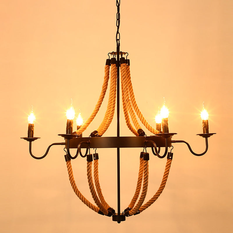 Black Dangling Suspension Light Rustic Style Hemp Rope Restaurant Chandelier Light 6 Black D Clearhalo 'Cast Iron' 'Ceiling Lights' 'Chandeliers' 'Industrial Chandeliers' 'Industrial' 'Metal' 'Middle Century Chandeliers' 'Rustic Chandeliers' 'Tiffany' Lighting' 2227611