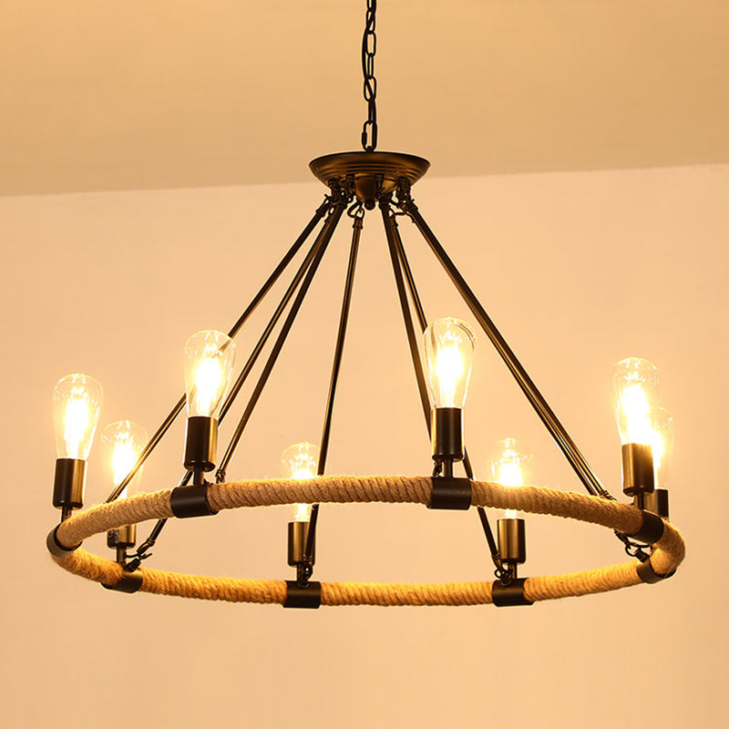 Black Dangling Suspension Light Rustic Style Hemp Rope Restaurant Chandelier Light 8 Black B Clearhalo 'Cast Iron' 'Ceiling Lights' 'Chandeliers' 'Industrial Chandeliers' 'Industrial' 'Metal' 'Middle Century Chandeliers' 'Rustic Chandeliers' 'Tiffany' Lighting' 2227614