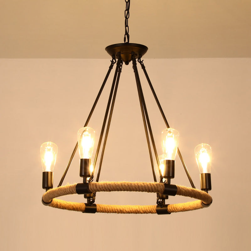 Black Dangling Suspension Light Rustic Style Hemp Rope Restaurant Chandelier Light 6 Black B Clearhalo 'Cast Iron' 'Ceiling Lights' 'Chandeliers' 'Industrial Chandeliers' 'Industrial' 'Metal' 'Middle Century Chandeliers' 'Rustic Chandeliers' 'Tiffany' Lighting' 2227615